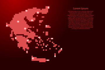 Greece map silhouette from red square pixels and glowing stars. Vector illustration.