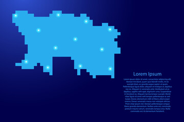 Jersey map silhouette from blue square pixels and glowing stars. Vector illustration.