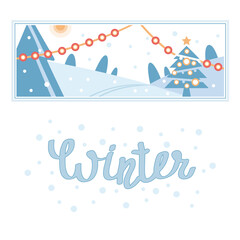 Winter. Vector graphics. Snow, a Christmas tree and lights. Design, screensaver, illustration for a fairy tale, album, advertising.