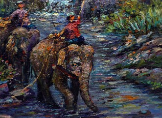 Art painting Oil color Elephant family thailand