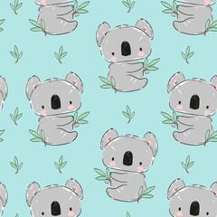 Koala and green leaves eucalyptus pattern seamless. Print design for textile. Cute childish background.