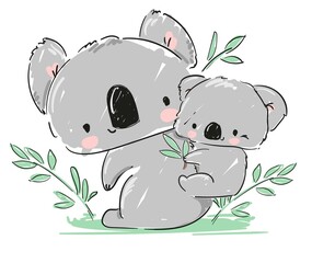 Hand drawn Cute koala with green leaves isolated on white background kids design print vector illustration © Alsu Art