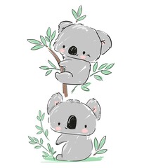 Hand drawn Cute koala with green leaves isolated on white background kids design print vector illustration
