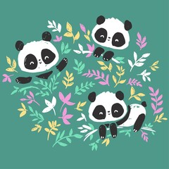 Hand drawn Cute Panda bear and bamboo and leaves vector illustration.