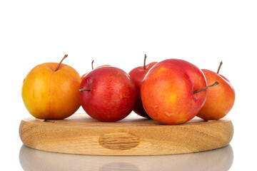 Several juicy organic yellow-red plums on a wooden tray, close-up, isolated on white.