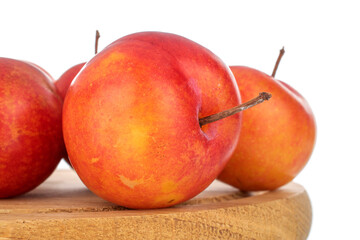 Several juicy organic yellow-red plums on a wooden tray, close-up, isolated on white.