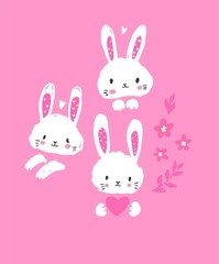 Hand Drawn Cute Bunny pink background, design rabbit, children print on t-shirt. Vector illustration