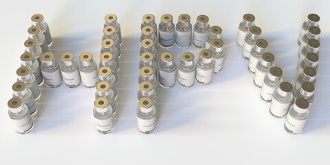 Glass vials compose HPV or Human Papillomavirus text on white background, conceptual 3D rendering