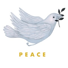 Ilustración de paloma de la paz con rama de olivo en el pico y la palabra paz