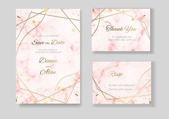 Wedding floral invitation gold lines. Pink marble background. Pastel shades. Save the date, thanks. Card design for certificate. Golden lines flowers. Set of vector art templates