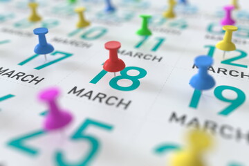 March 18 date and push pin on a calendar, 3D rendering