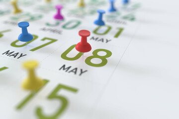 May 8 date marked with a pin calendar, 3D rendering