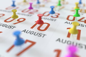 August 10 date and push pin on a calendar, 3D rendering