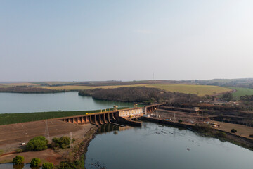 Fototapeta na wymiar Hydroelectric power plant in the municipality of Bariri, state of Sao Paulo, seen from above - Tiete-Parana Waterway