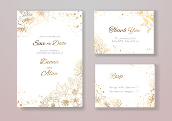 Fototapeta na wymiar Wedding floral invitation gold lines. Pastel shades. Save the date, thanks. Card design for certificate. Golden pale pink flowers. Set of vector art templates