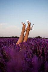 Image of a female model feet wearing golden high heels, standing in purple lavender flower