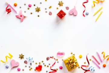 Confetti with party hats and balloons for kids birthday