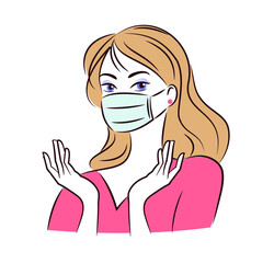 Portrait of a cute girl in a medical mask, simple vector image , protection, virus