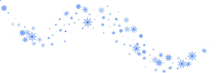 Blue delicate openwork snowflakes scatter on a white background. Festive background, postcard design, wallpaper