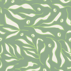 Fototapeta na wymiar Sage green leaves seamless repeat pattern. Random placed, vector botany plant herbs all over surface print.
