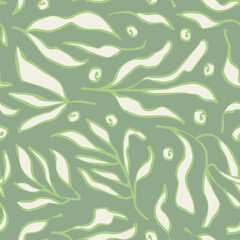 Sage green leaves seamless repeat pattern. Random placed, vector botany plant herbs all over surface print.