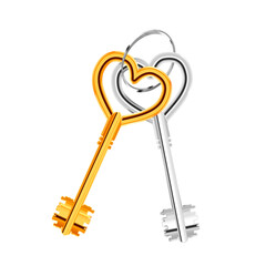Couple of ancient door keys in heart shape on ring on white