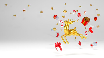 Obraz premium Merry Christmas and Happy New Year. Christmas realistic metallic gold-colored deer. Holiday Xmas background., 3d rendering.