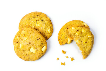 Lemon cookies with white chocolate on white background, Top View