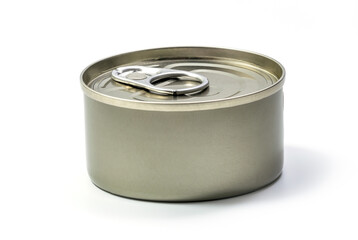 Round metal can Food container isolated on white with clipping path - for fish, ham, meat, vegetables. Round preserve box