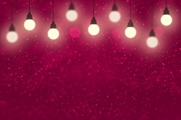 Fototapeta na wymiar pink cute bright glitter lights defocused light bulbs bokeh abstract background with sparks fly, festival mockup texture with blank space for your content