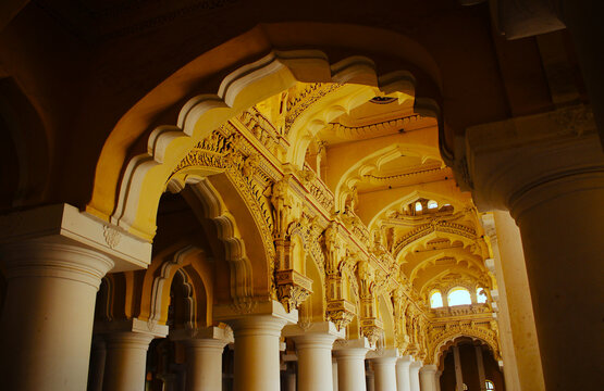 Interior of 17th-century palace erected in 1636 AD by King Tirumala Nayaka, a king of Madurai's Nayaka dynasty who ruled Madurai from 1623 to 1659, in the city of Madurai, India.