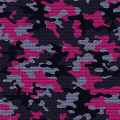 Camouflage purple pink spots 3D illustration, vector seamless pattern.