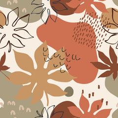 Abstract seamless pattern: tropic leaves silhouettes and line art, organic geometric shapes, doodle textures in minimal style