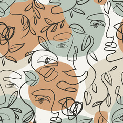 Minimal human face drawing, scribbles, leaves, blob abstract seamless pattern