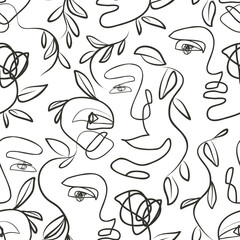Minimal human face drawing, scribbles, abstract leaves seamless pattern