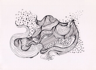 Abstract marine painting on paper. Black ink pen artwork. Black and white fluid natural shapes. Surrealistic original art. Peaceful nature background. Imaginary landscape for poster, tattoo, print.