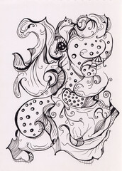 Abstract grapes branches painting on paper. Black ink pen artwork. Black and white natural shapes. Surrealistic original art. Peaceful nature background. Imaginary landscape for poster, fabric print.