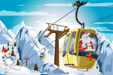 Winter mountains cable car with Santa Claus on Ski lift Christmas time