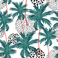 Fototapeta na wymiar Abstract minimal tropics seamless pattern. Palm trees silhouettes and doodle texture background.