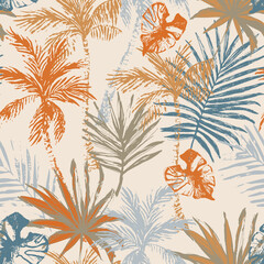 Beautiful abstract tropics seamless pattern. Grunge palm trees, tropical leaves on beige background - 459961963