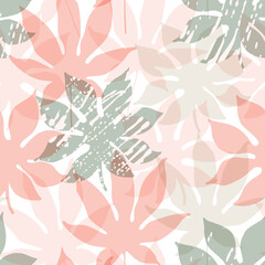 Transparent tropical leaves with grunge texture seamless pattern. Lush tropics foliage background.