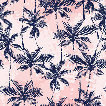 Abstract tropics seamless pattern. Grunge palm trees silhouettes transparent texture background