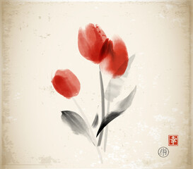 Minimalist ink painting of three red tulips on vintage background. Traditional oriental ink painting sumi-e, u-sin, go-hua. Hieroglyph - happiness, joy