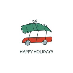 Vector illustration of a funny red car with Christmas tree