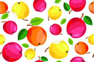 Seamless pattern with yellow, red apples on white background. Autumn. Vector illustration.