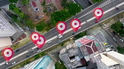 Aerial city with cars with GPS location icon. GPS tracking analytics. Positioning marker. Digital transformation. Smart city. Future city.
