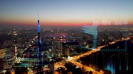 Digital transformation. Data processing. Data security. Futuristic night scape in downtown city with futuristic  digital transformation animated graph. Innovation. Cyber security. Cloud computing. - Powered by Adobe