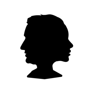 Realistic man and woman face profiles in one silhouette on white