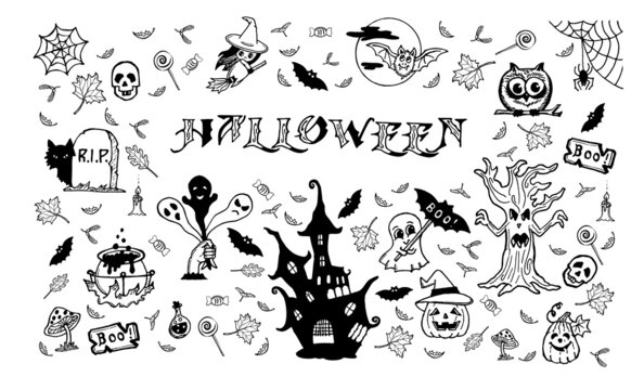 Set of isolated halloween elements, stylized hand drawing.