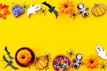 Halloween party cookies and pampkins - holiday background